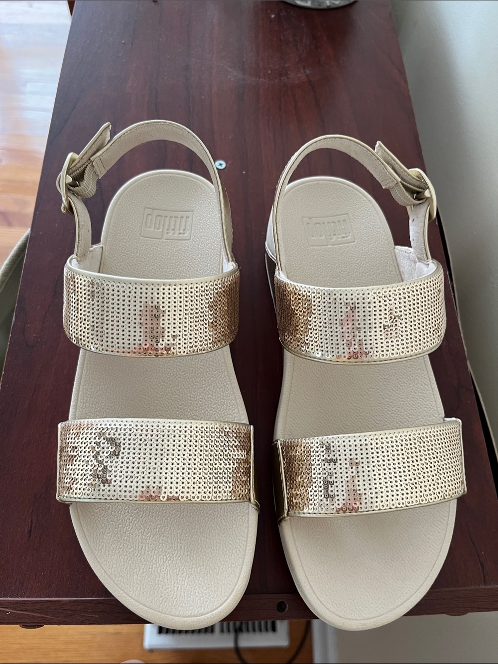 Fitflop Lulu sequin back-strap sandals.